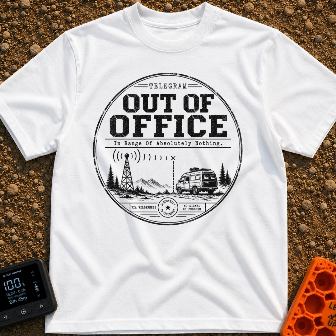 Off The Grid Telegram - T-Shirt in White - A circular badge design featuring a camper van parked in a mountainous...