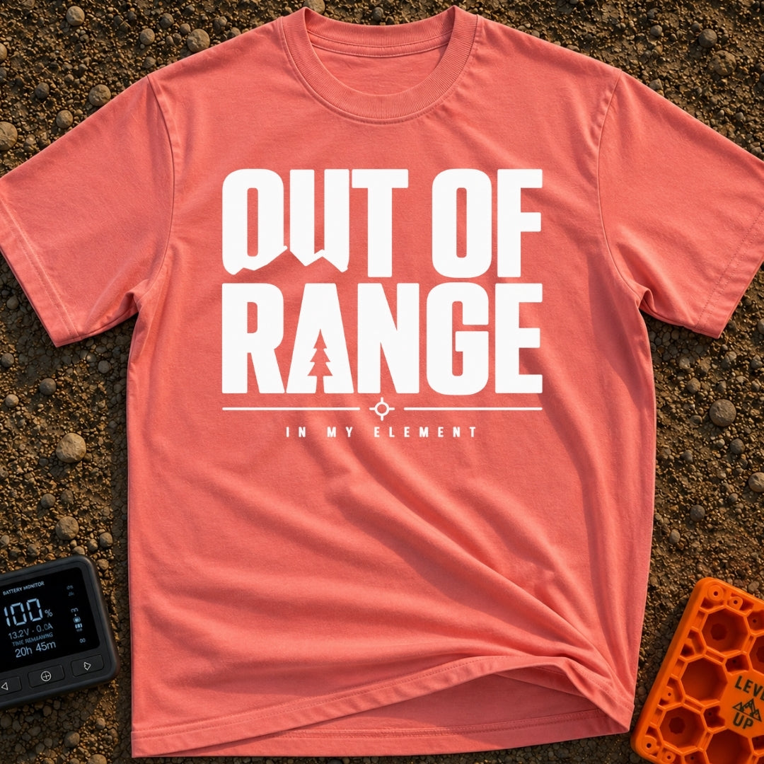 Happily Out Of Range - T-Shirt in Watermelon - Typographic design featuring large, bold text reading "OUT OF RANGE" with...