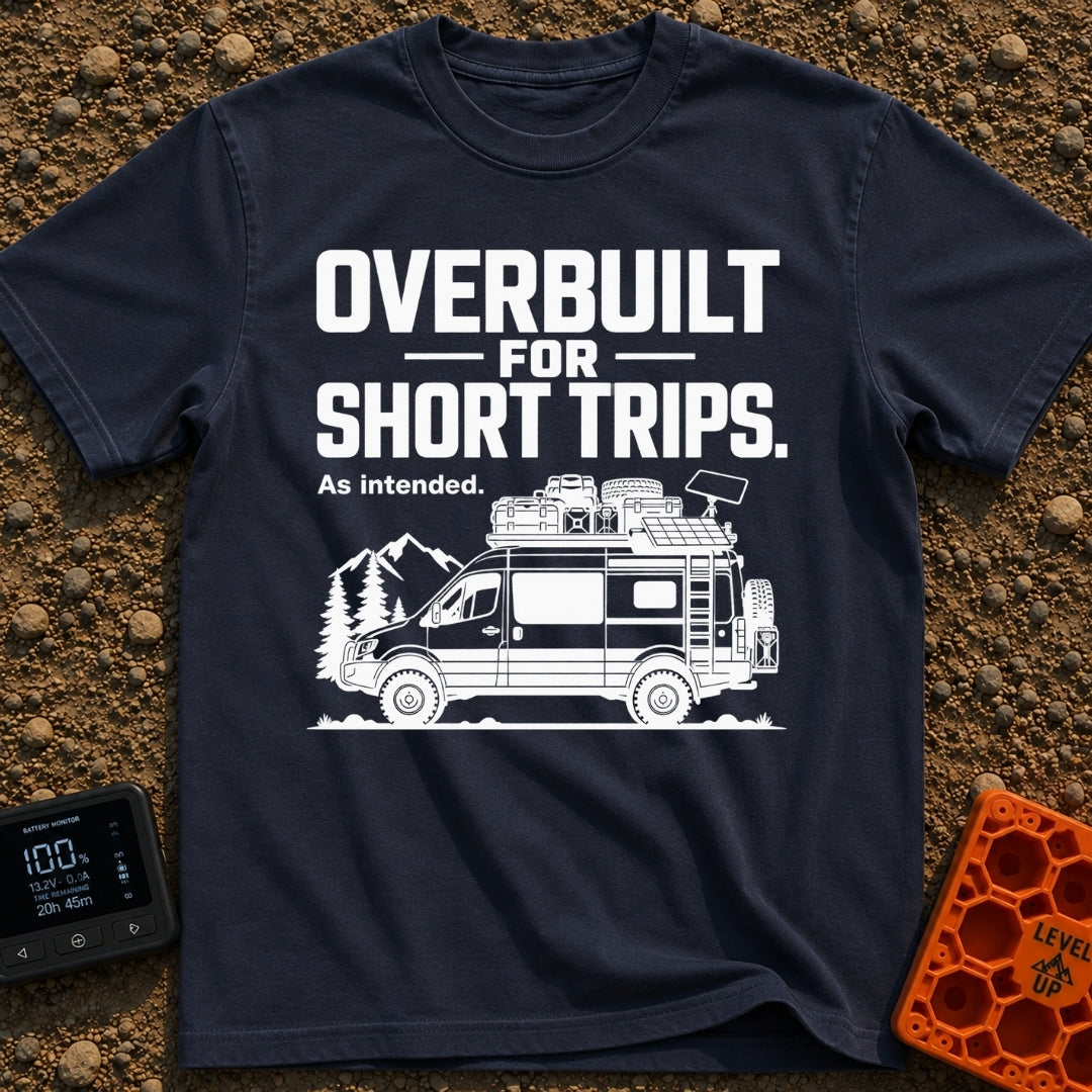 Overbuilt For Grocery Runs - T-Shirt in Navy - A black and white illustration of a heavily equipped camper van with...