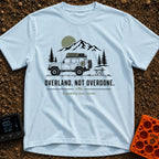 Overland Not Overdone - T-Shirt in Chambray - A line drawing of a 4x4 SUV equipped with a roof rack, traction boards,...