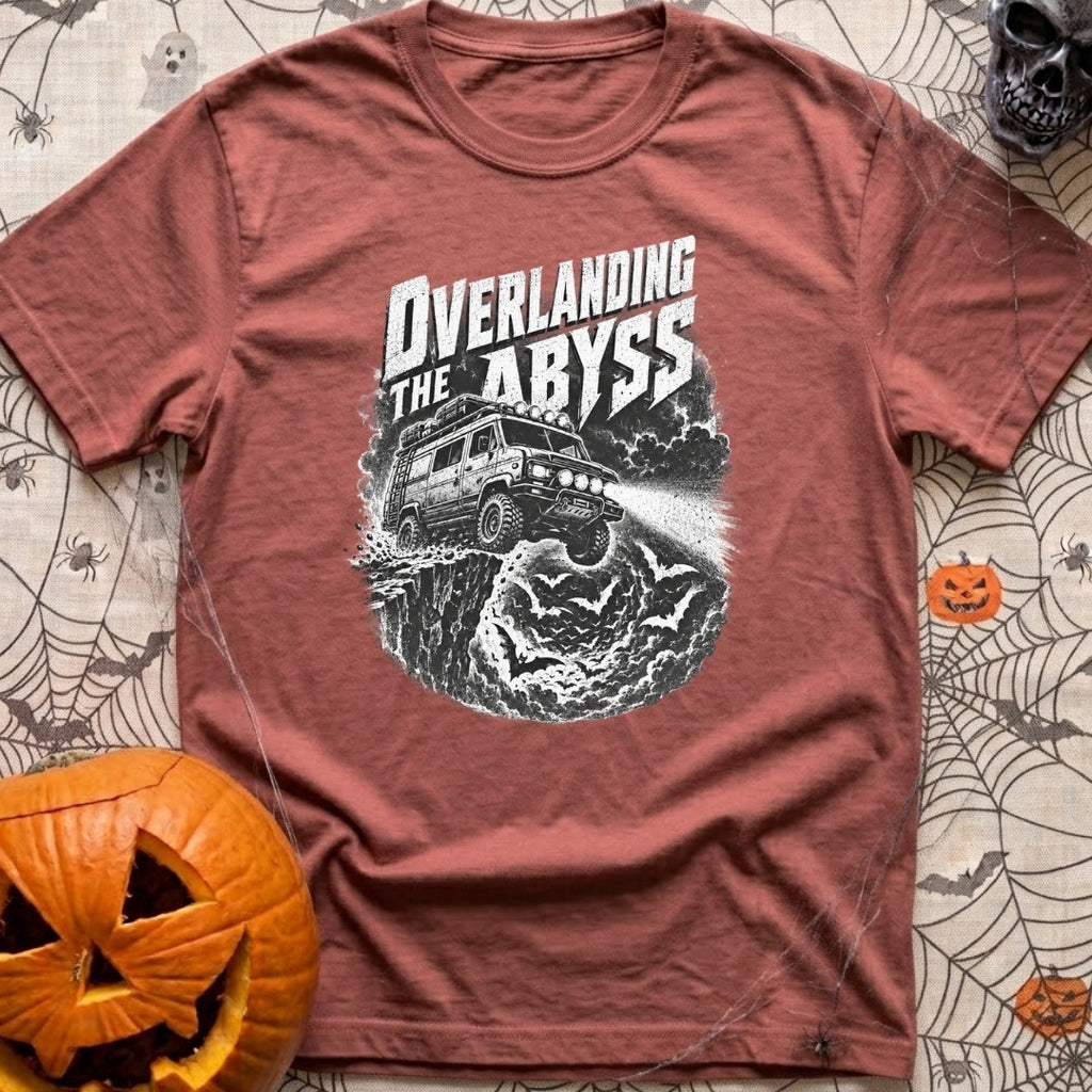 Off The Deep End - T-Shirt in Brick - A black and white illustration of a rugged 4x4 camper van driving off a rocky cliff...