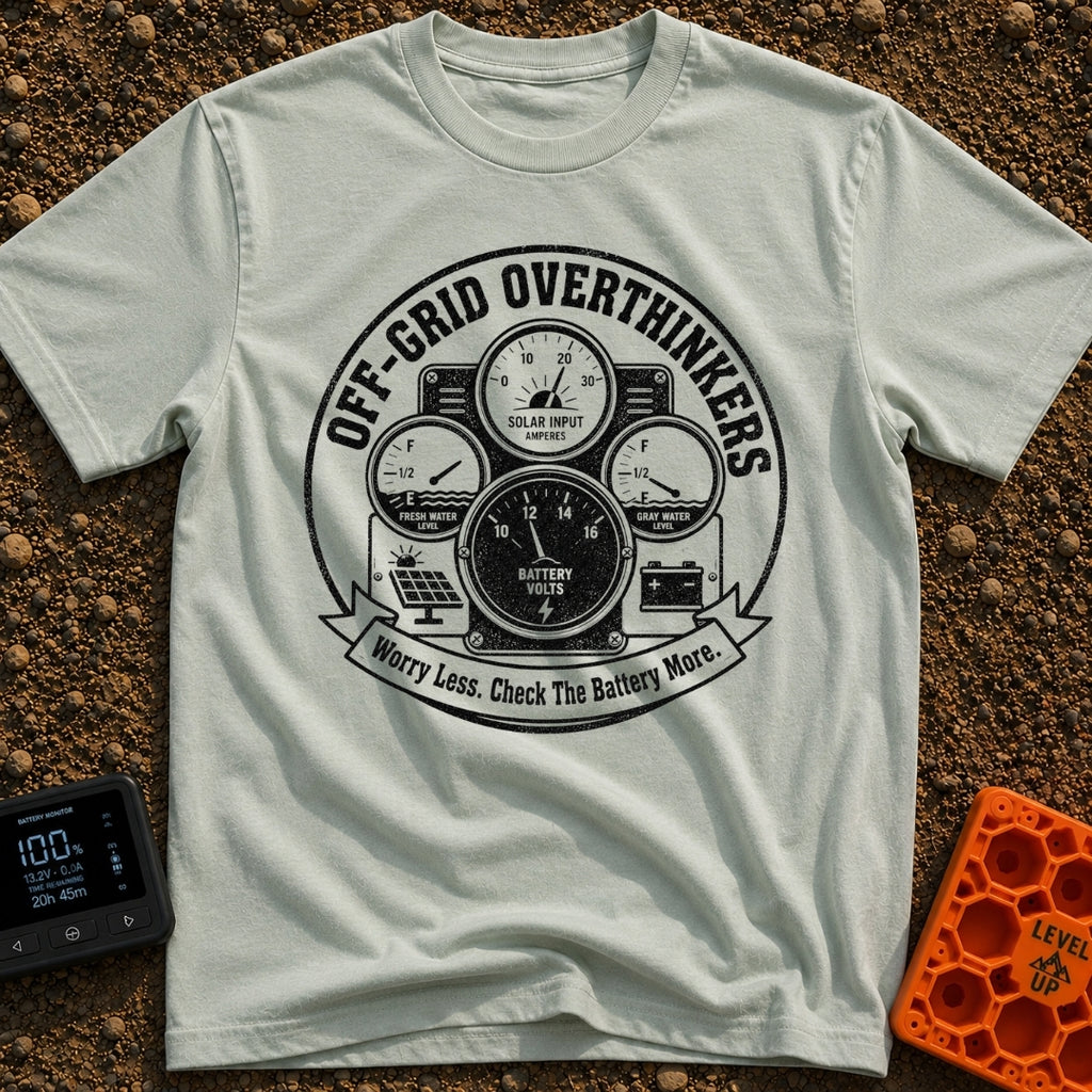 The Overthinkers Union - T-Shirt in Bay - A circular, distressed black-and-white graphic featuring four analog gauges...