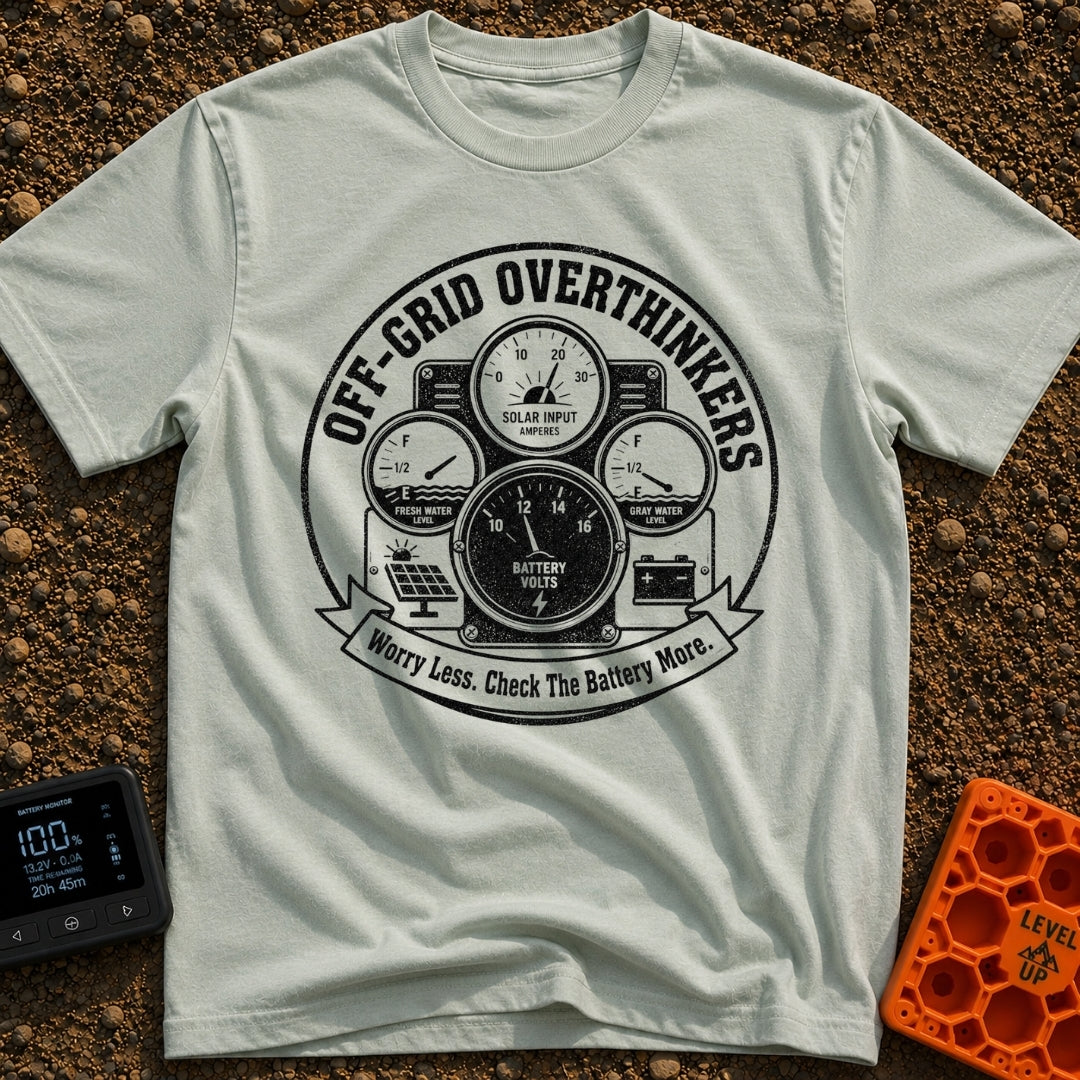 The Overthinkers Union - T-Shirt in Bay - A circular, distressed black-and-white graphic featuring four analog gauges...