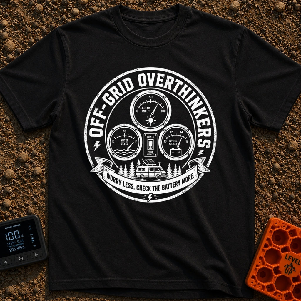 The Overthinkers Union - T-Shirt in Black - A circular, distressed black-and-white graphic featuring four analog gauges...