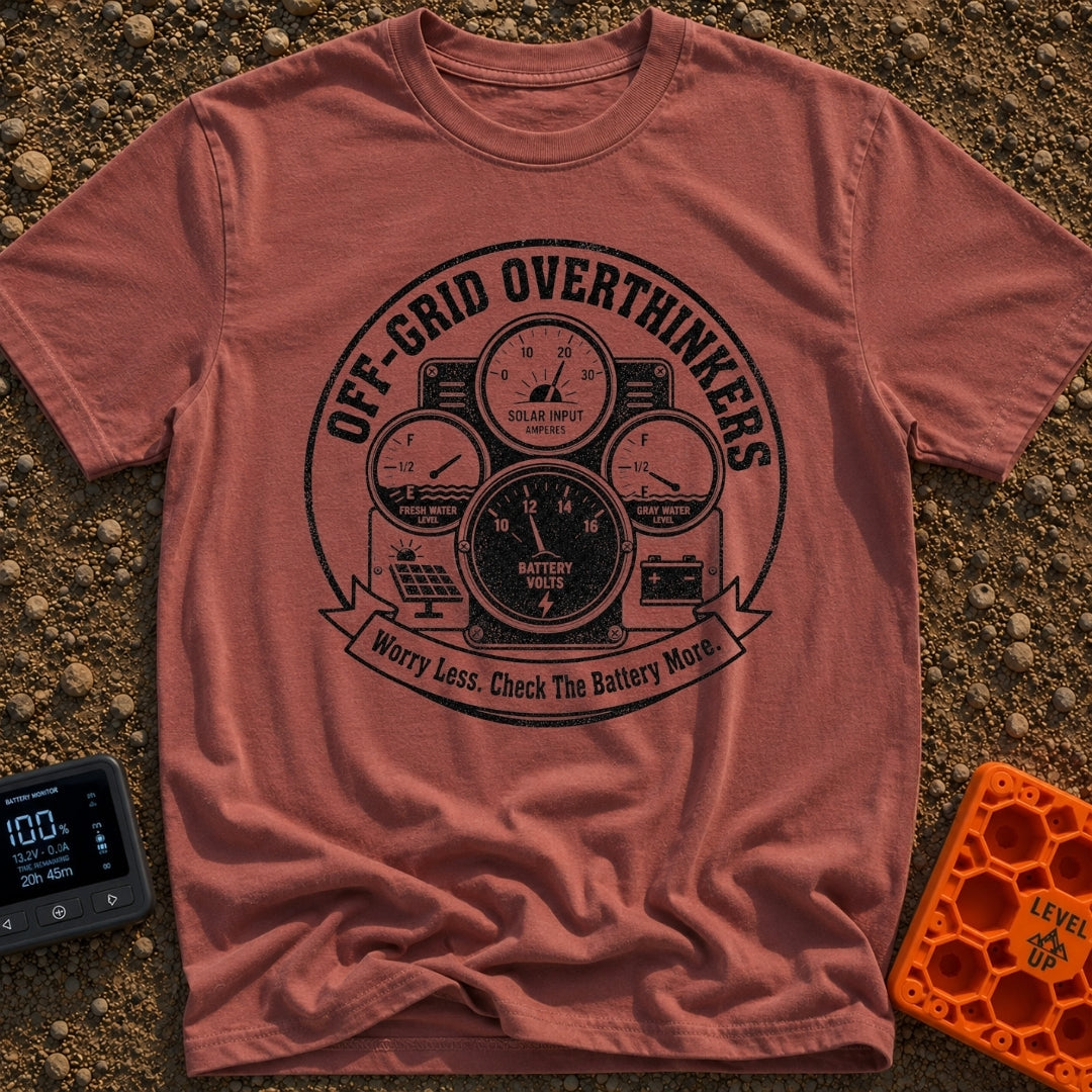 The Overthinkers Union - T-Shirt in Brick - A circular, distressed black-and-white graphic featuring four analog gauges...