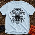 The Overthinkers Union - T-Shirt in Chambray - A circular, distressed black-and-white graphic featuring four analog...