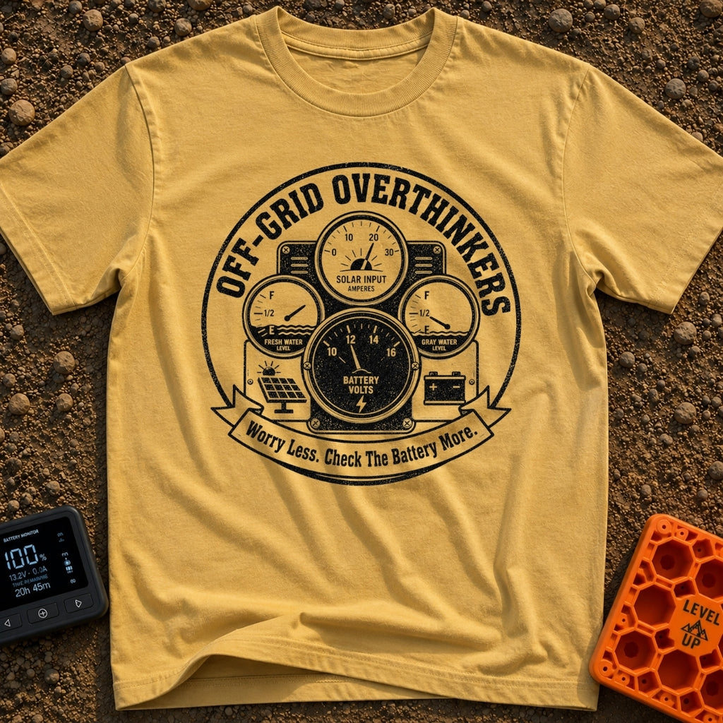 The Overthinkers Union - T-Shirt in Mustard - A circular, distressed black-and-white graphic featuring four analog gauges...
