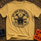 The Overthinkers Union - T-Shirt in Mustard - A circular, distressed black-and-white graphic featuring four analog gauges...