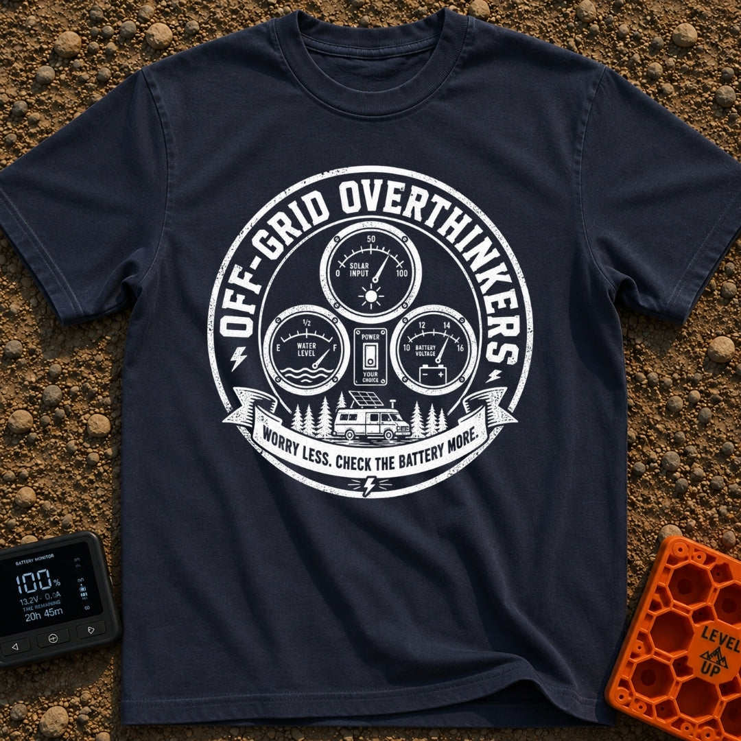 The Overthinkers Union - T-Shirt in Navy - A circular, distressed black-and-white graphic featuring four analog gauges...
