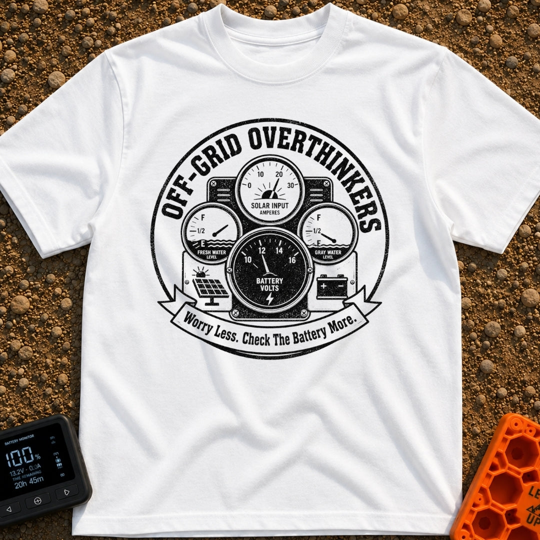 The Overthinkers Union - T-Shirt in White - A circular, distressed black-and-white graphic featuring four analog gauges...