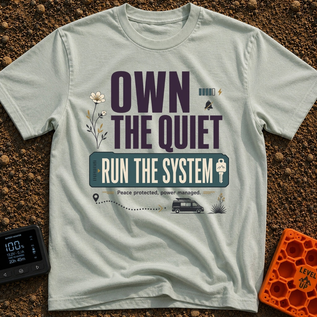 Silent Power Play - T-Shirt in Bay - A typographical design reading "OWN THE QUIET RUN THE SYSTEM" and "Peace protected,...