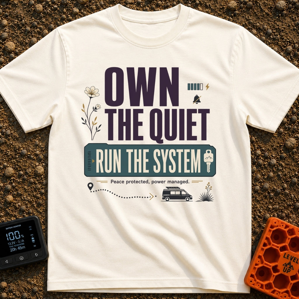 Silent Power Play - T-Shirt in Ivory - A typographical design reading "OWN THE QUIET RUN THE SYSTEM" and "Peace...