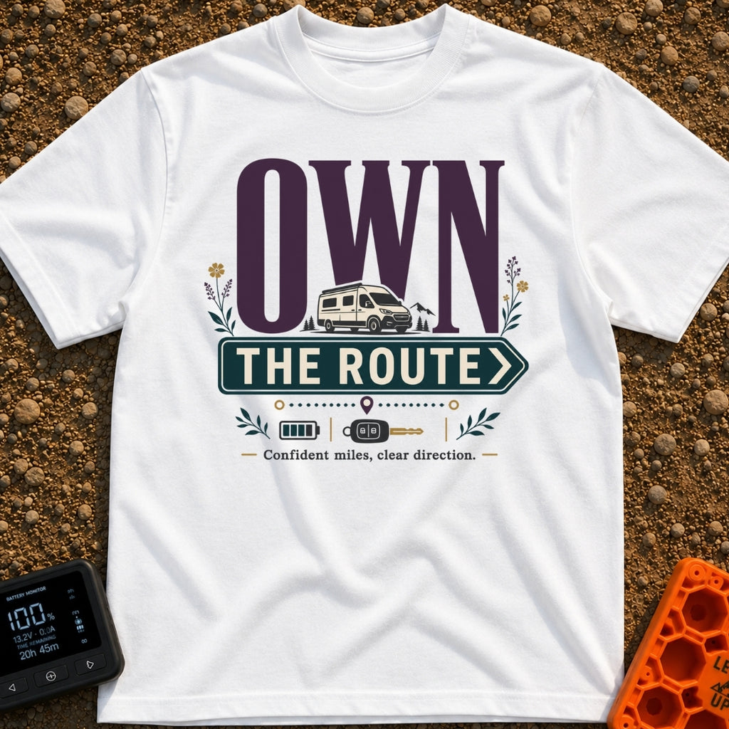 Own The Route - T-Shirt in White - The design features the large text "OWN" behind a white camper van, with the words...