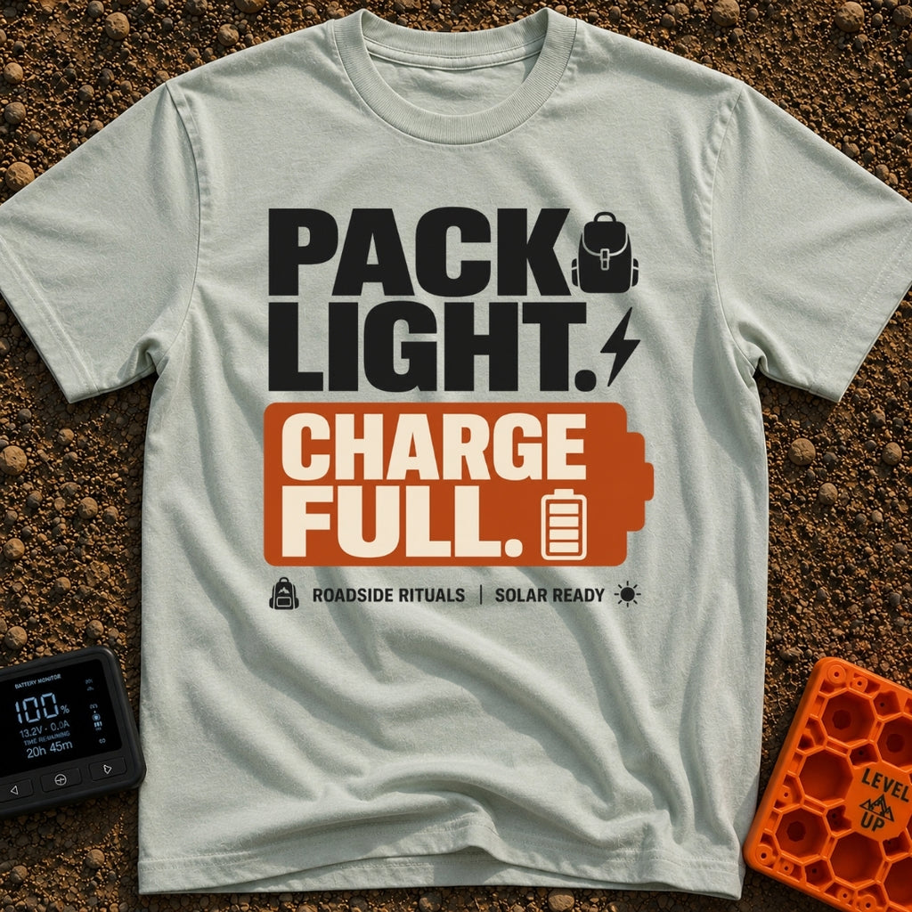 Pack Light Charge Full - T-Shirt in Bay - A typographic design featuring the large text "PACK LIGHT." next to a backpack...