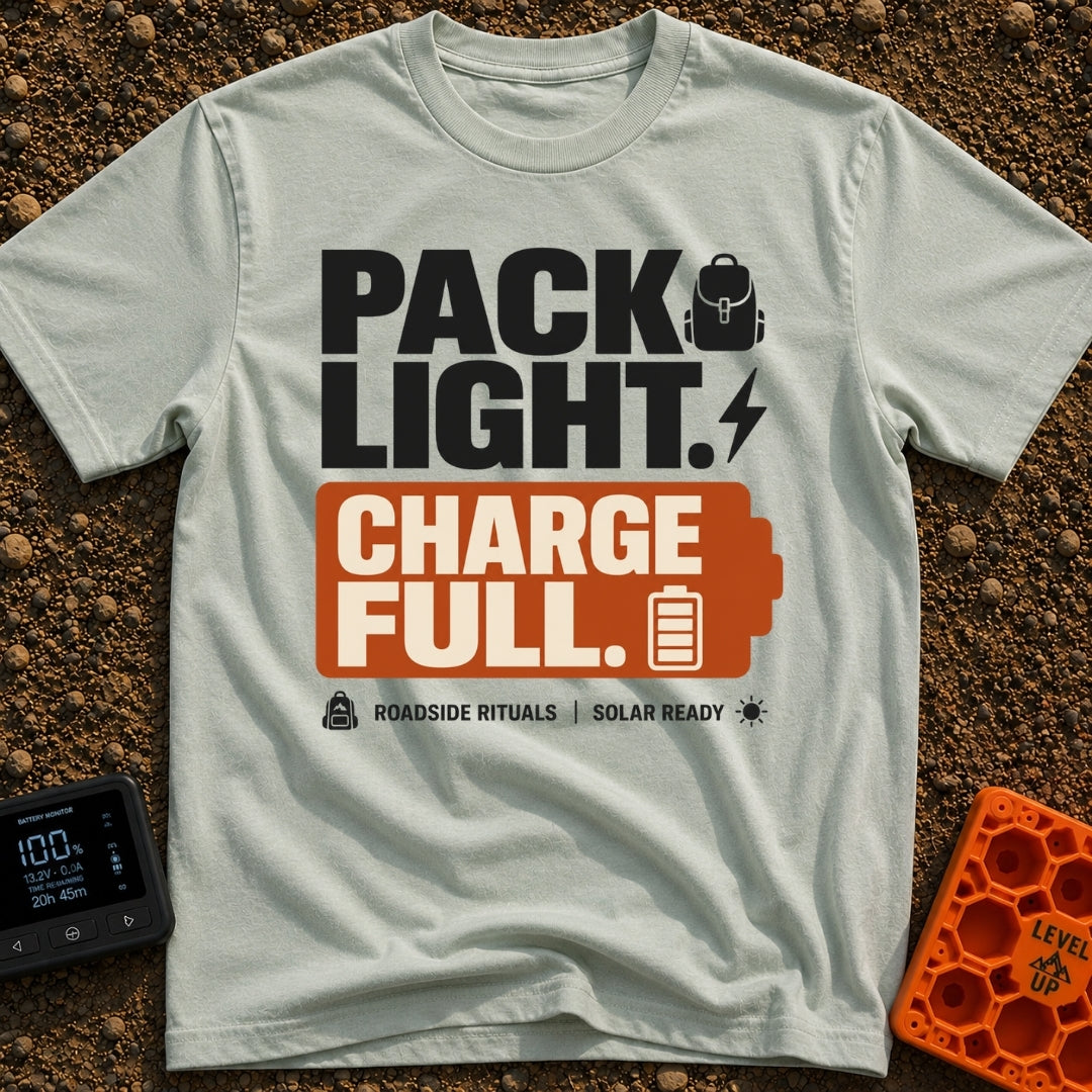 Pack Light Charge Full - T-Shirt in Bay - A typographic design featuring the large text "PACK LIGHT." next to a backpack...