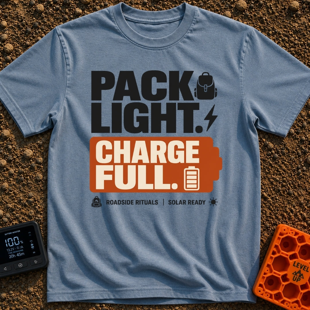 Pack Light Charge Full - T-Shirt in Blue Jean - A typographic design featuring the large text "PACK LIGHT." next to a...
