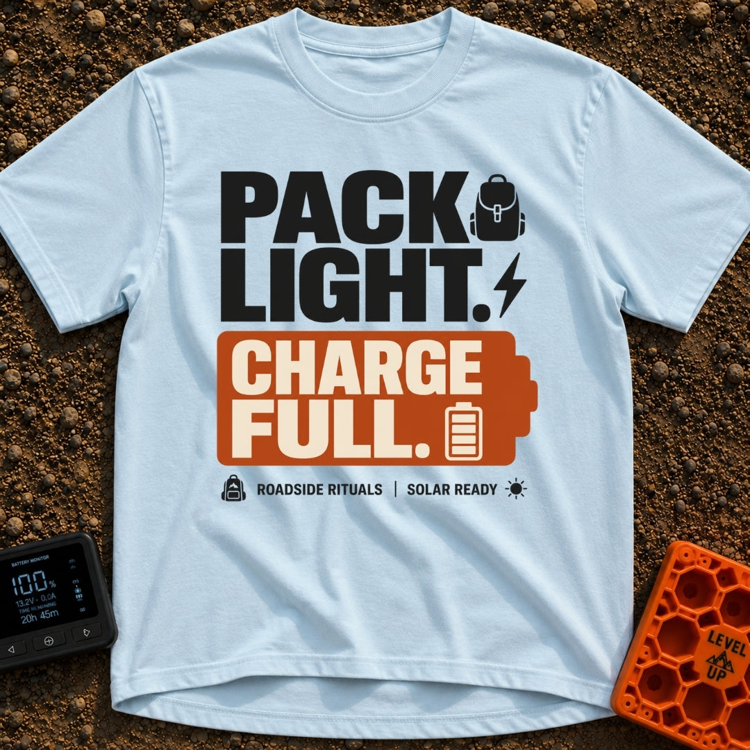 Pack Light Charge Full - T-Shirt in Chambray - A typographic design featuring the large text "PACK LIGHT." next to a...