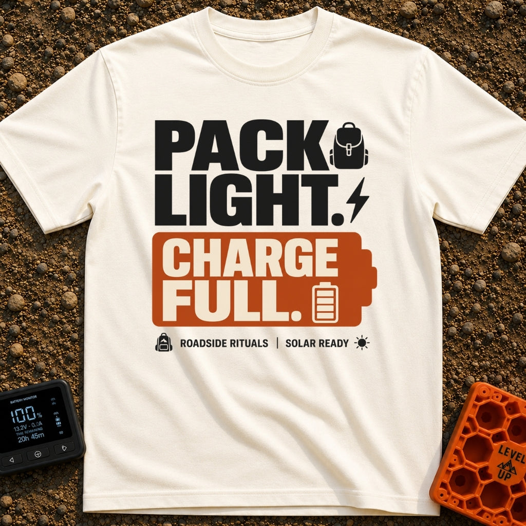 Pack Light Charge Full - T-Shirt in Ivory - A typographic design featuring the large text "PACK LIGHT." next to a...