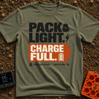 Pack Light Charge Full - T-Shirt in Moss - A typographic design featuring the large text "PACK LIGHT." next to a backpack...