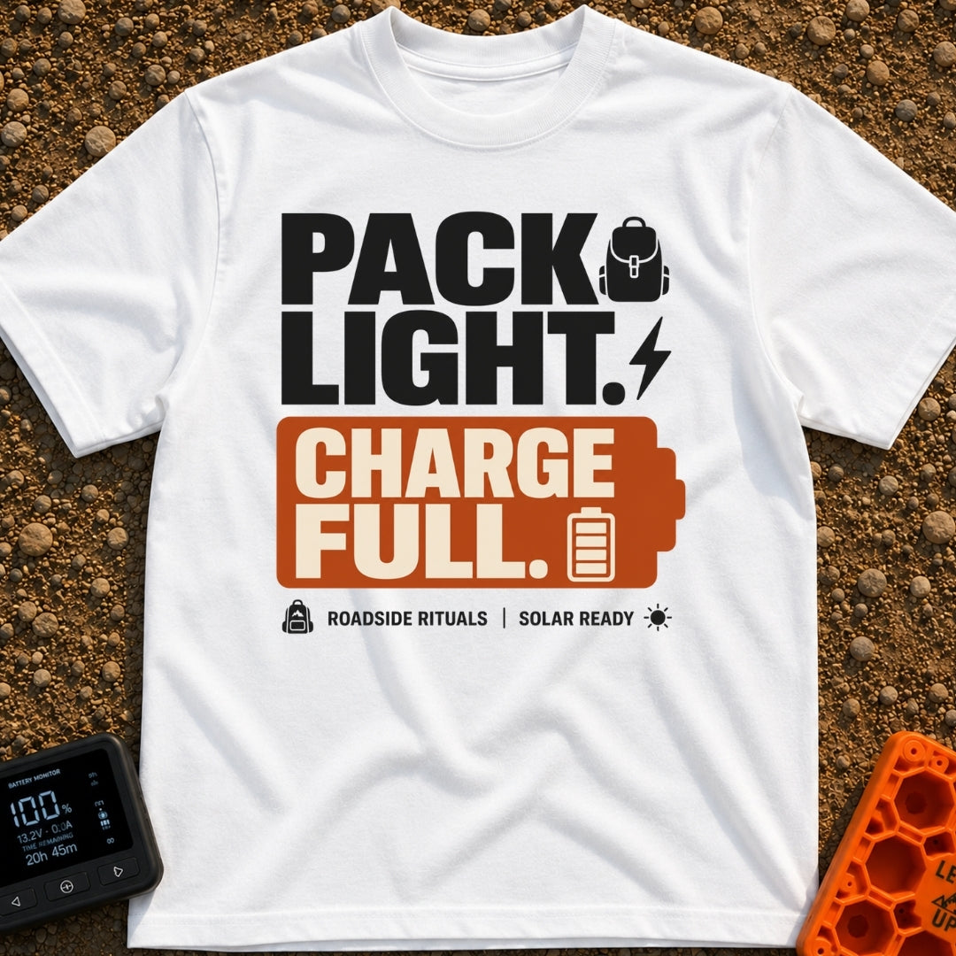 Pack Light Charge Full - T-Shirt in White - A typographic design featuring the large text "PACK LIGHT." next to a...