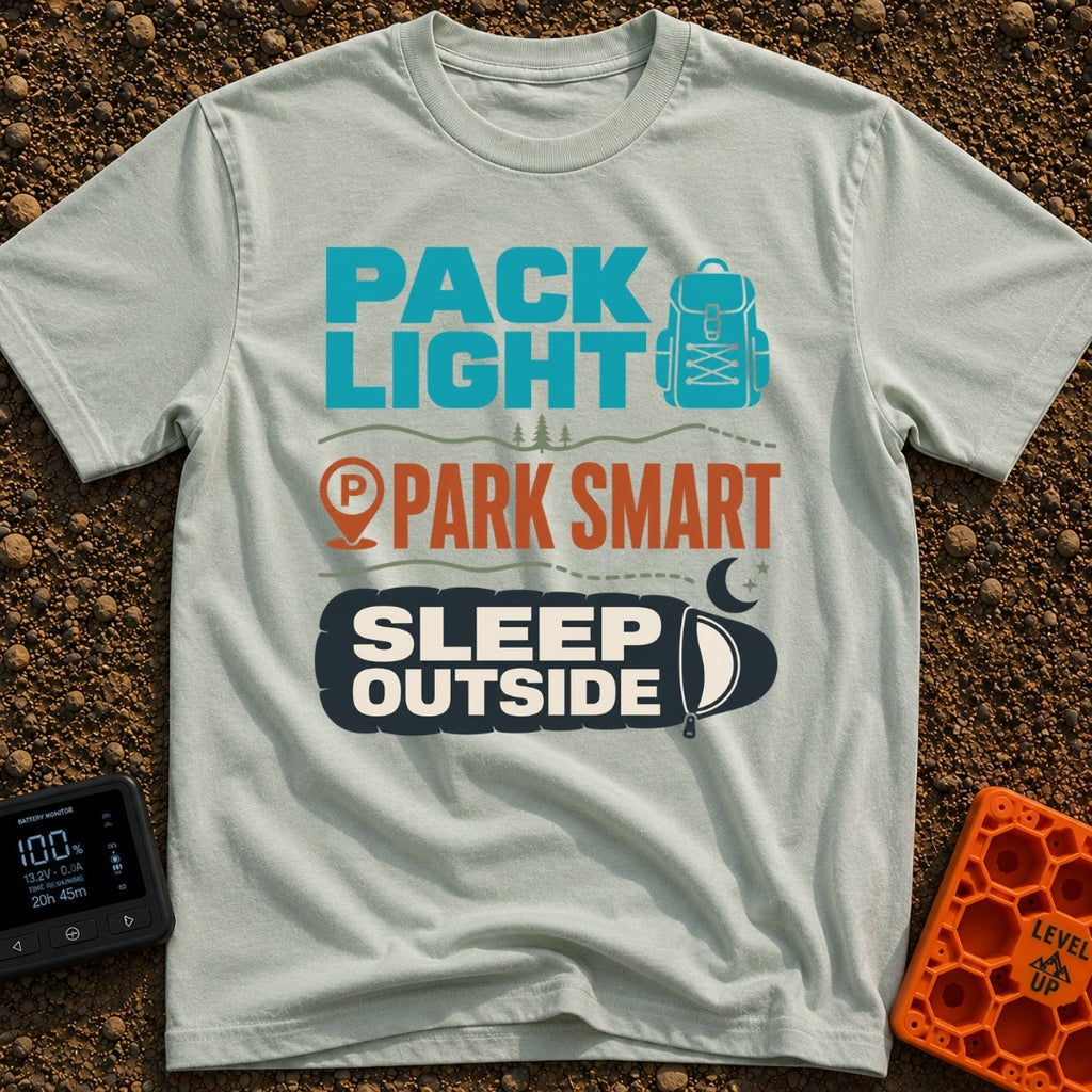 Wander, Park, Hibernate - T-Shirt in Bay - A typographic design with three sections featuring the text "PACK LIGHT"...