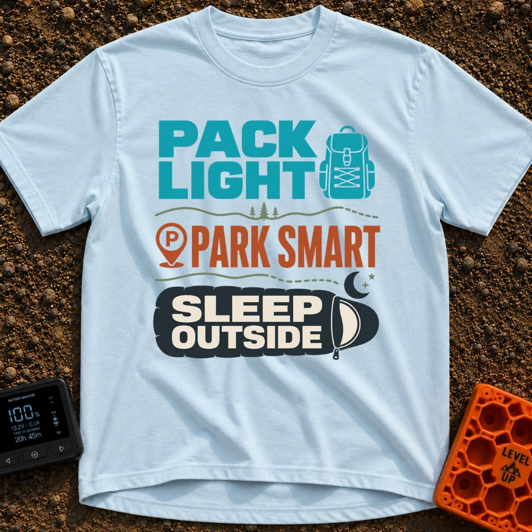 Wander, Park, Hibernate - T-Shirt in Chambray - A typographic design with three sections featuring the text "PACK LIGHT"...