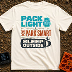 Wander, Park, Hibernate - T-Shirt in Ivory - A typographic design with three sections featuring the text "PACK LIGHT"...