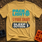 Wander, Park, Hibernate - T-Shirt in Mustard - A typographic design with three sections featuring the text "PACK LIGHT"...