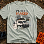 Prepped Parked Perplexed - T-Shirt in Bay - A white camper van parked in front of pine trees and mountains, equipped with...