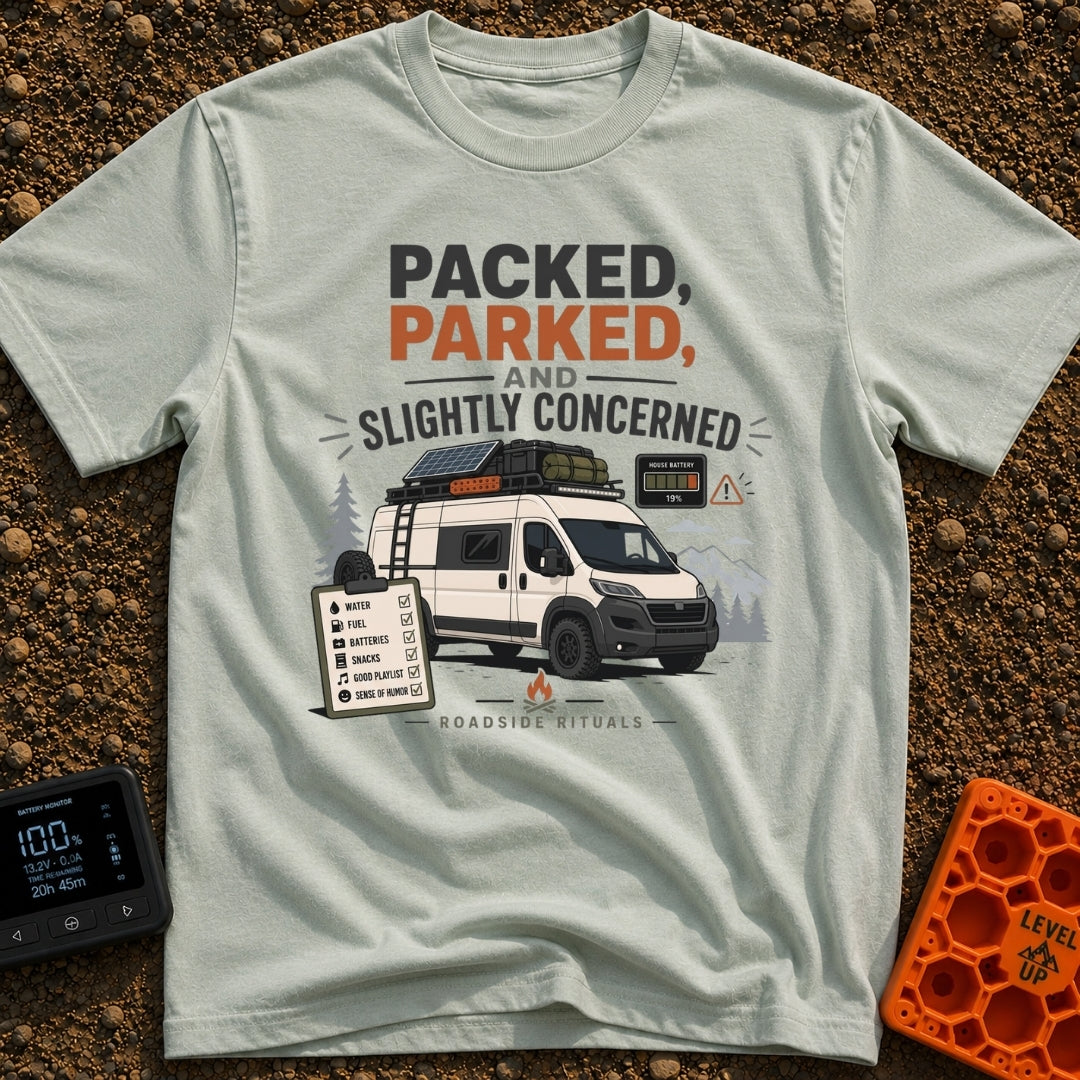 Prepped Parked Perplexed - T-Shirt in Bay - A white camper van parked in front of pine trees and mountains, equipped with...