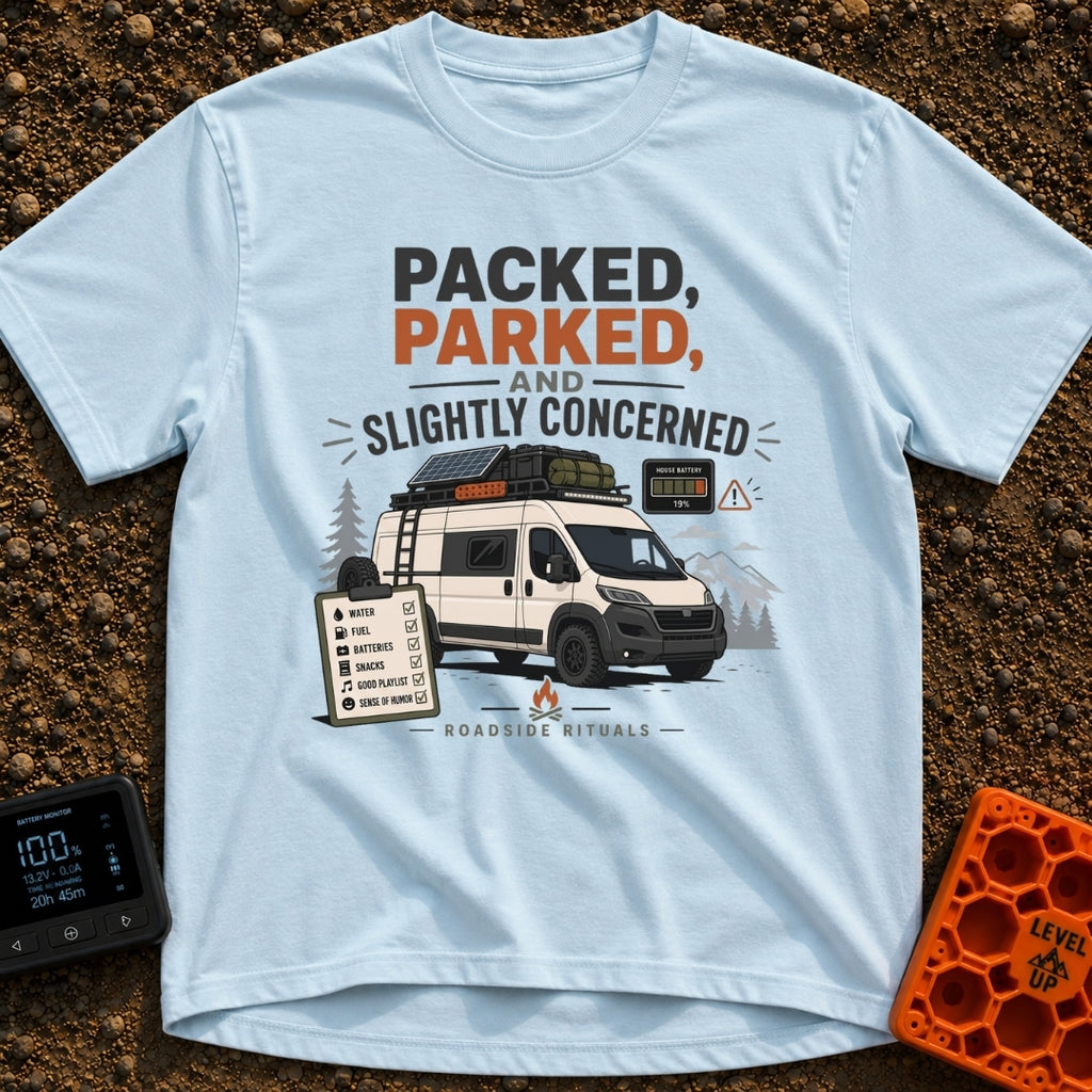 Prepped Parked Perplexed - T-Shirt in Chambray - A white camper van parked in front of pine trees and mountains, equipped...