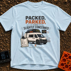Prepped Parked Perplexed - T-Shirt in Chambray - A white camper van parked in front of pine trees and mountains, equipped...