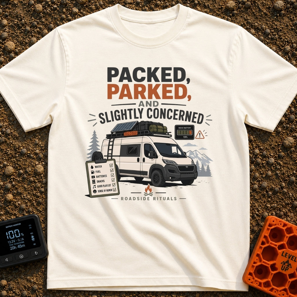 Prepped Parked Perplexed - T-Shirt in Ivory - A white camper van parked in front of pine trees and mountains, equipped...