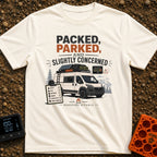 Prepped Parked Perplexed - T-Shirt in Ivory - A white camper van parked in front of pine trees and mountains, equipped...