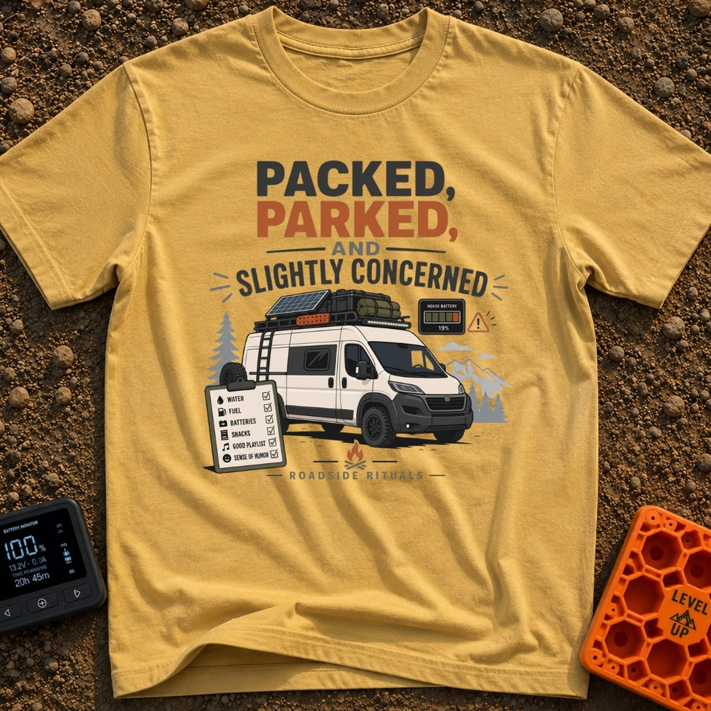 Prepped Parked Perplexed - T-Shirt in Mustard - A white camper van parked in front of pine trees and mountains, equipped...
