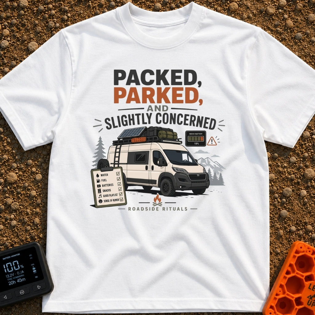 Prepped Parked Perplexed - T-Shirt in White - A white camper van parked in front of pine trees and mountains, equipped...