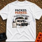 Prepped Parked Perplexed - T-Shirt in White - A white camper van parked in front of pine trees and mountains, equipped...