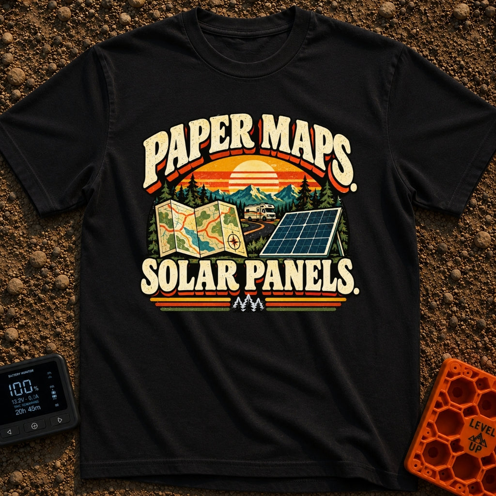Lost In The Fold - T-Shirt in Black - A retro-style graphic featuring the text "PAPER MAPS." at the top and "SOLAR...
