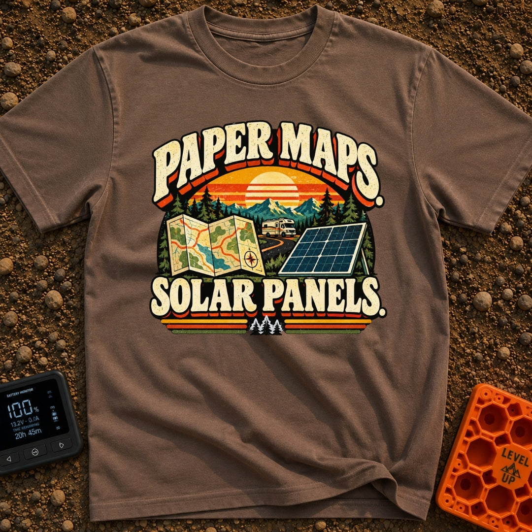 Lost In The Fold - T-Shirt in Espresso - A retro-style graphic featuring the text "PAPER MAPS." at the top and "SOLAR...