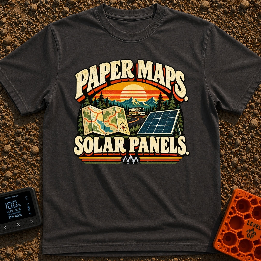 Lost In The Fold - T-Shirt in Graphite - A retro-style graphic featuring the text "PAPER MAPS." at the top and "SOLAR...