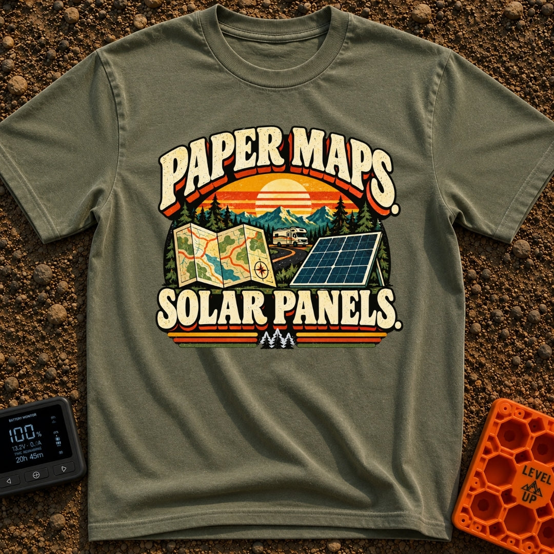 Lost In The Fold - T-Shirt in Moss - A retro-style graphic featuring the text "PAPER MAPS." at the top and "SOLAR...