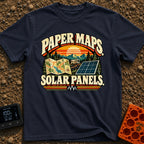 Lost In The Fold - T-Shirt in Navy - A retro-style graphic featuring the text "PAPER MAPS." at the top and "SOLAR...