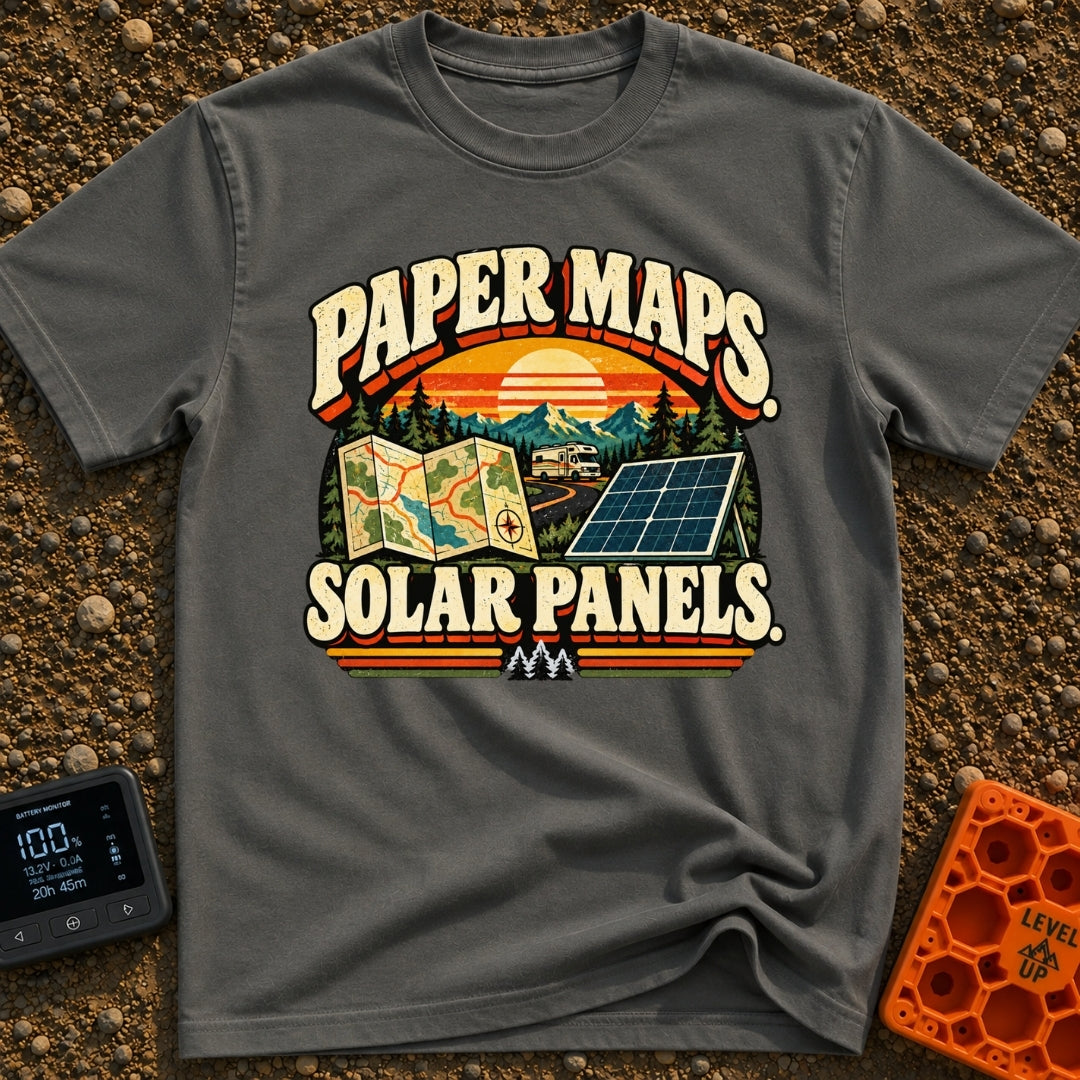 Lost In The Fold - T-Shirt in Pepper - A retro-style graphic featuring the text "PAPER MAPS." at the top and "SOLAR...