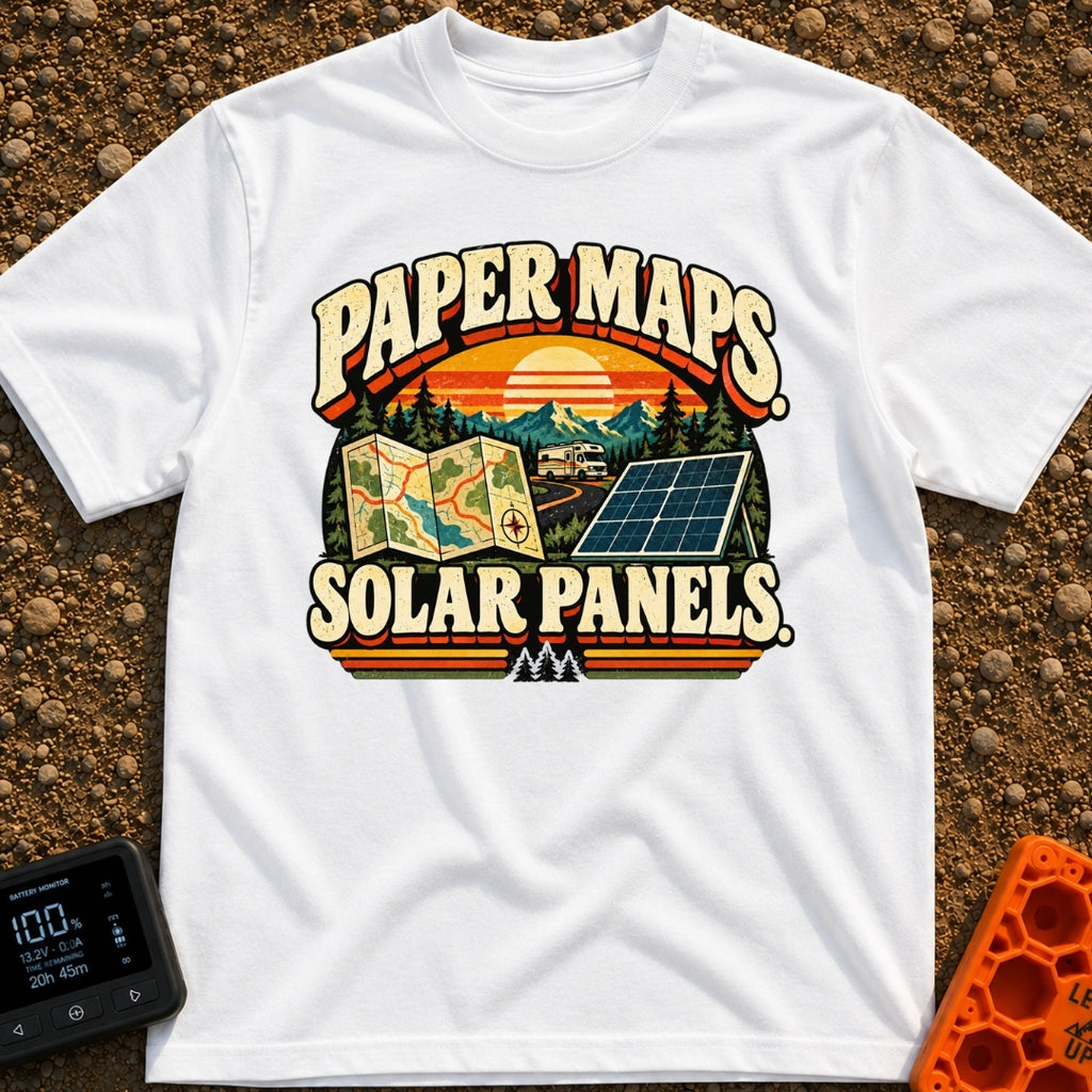 Lost In The Fold - T-Shirt in White - A retro-style graphic featuring the text "PAPER MAPS." at the top and "SOLAR...