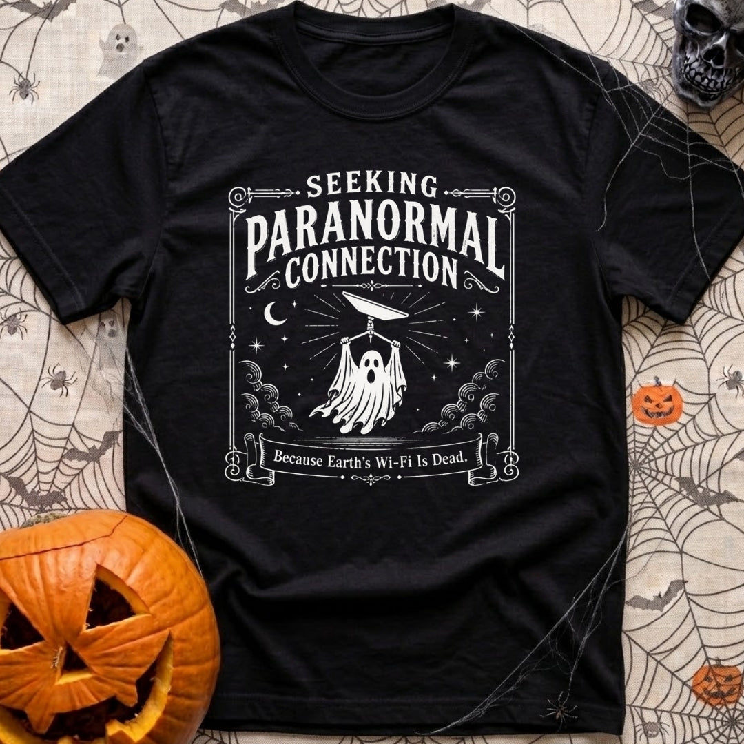 I Want To Connect - T-Shirt in Black - A vintage-style white line-art illustration of a ghost holding up a rectangular...