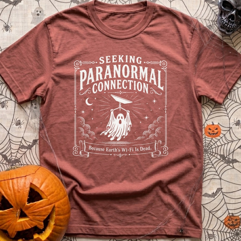 I Want To Connect - T-Shirt in Brick - A vintage-style white line-art illustration of a ghost holding up a rectangular...