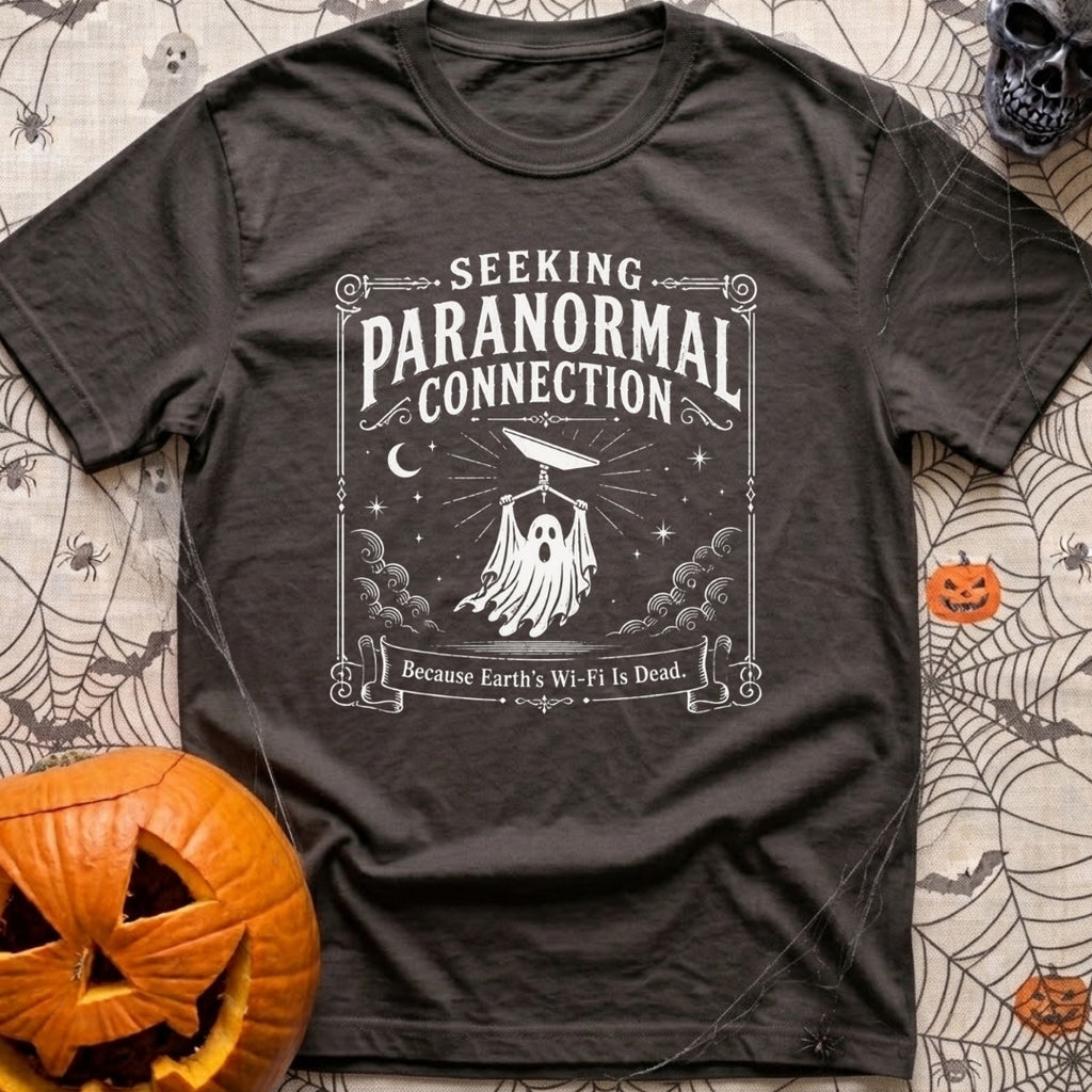 I Want To Connect - T-Shirt in Graphite - A vintage-style white line-art illustration of a ghost holding up a rectangular...