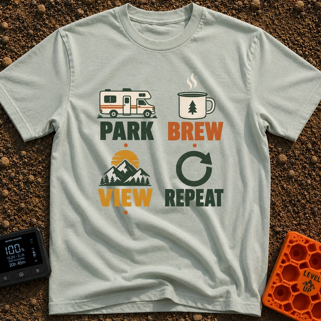 Brew View Repeat - T-Shirt in Bay - A four-part graphic design featuring a Class C motorhome above the word 'PARK', a...