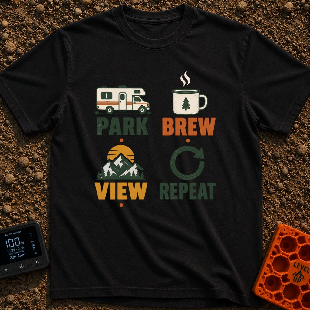 Brew View Repeat - T-Shirt in Black - A four-part graphic design featuring a Class C motorhome above the word 'PARK', a...