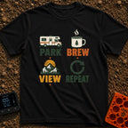 Brew View Repeat - T-Shirt in Black - A four-part graphic design featuring a Class C motorhome above the word 'PARK', a...